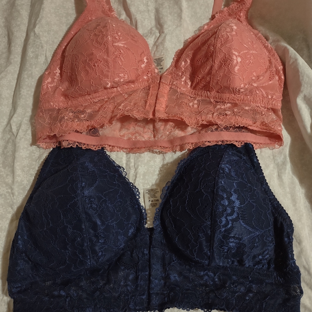 Maurices navy and coral bralettes